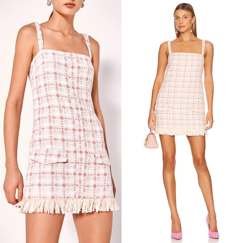 ALEXIS 90s Plaid Tweed Square Neck Sleeveless Fringe Hem Mini Dress‎ Medium - Picture 3 of 6